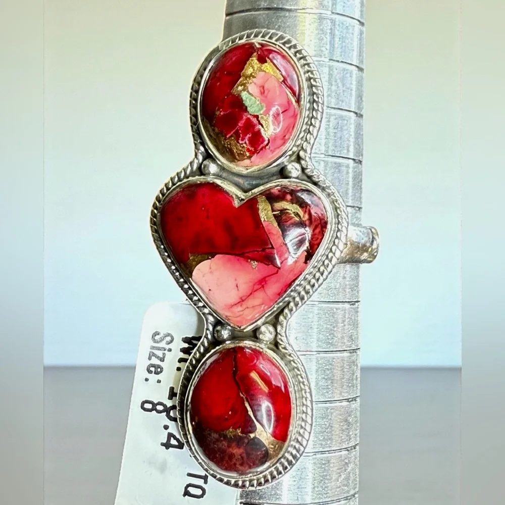 Sterling Silver Red Dahlia Turquoise Triple Stone Statement Ring – Size 8 (10.4g